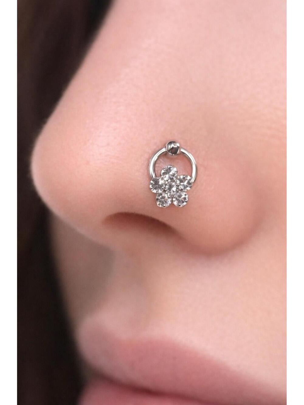 Dainty Sterling Silver Nose Ring - Thin Hoop Lays Flat With Crystal Flower Daisy